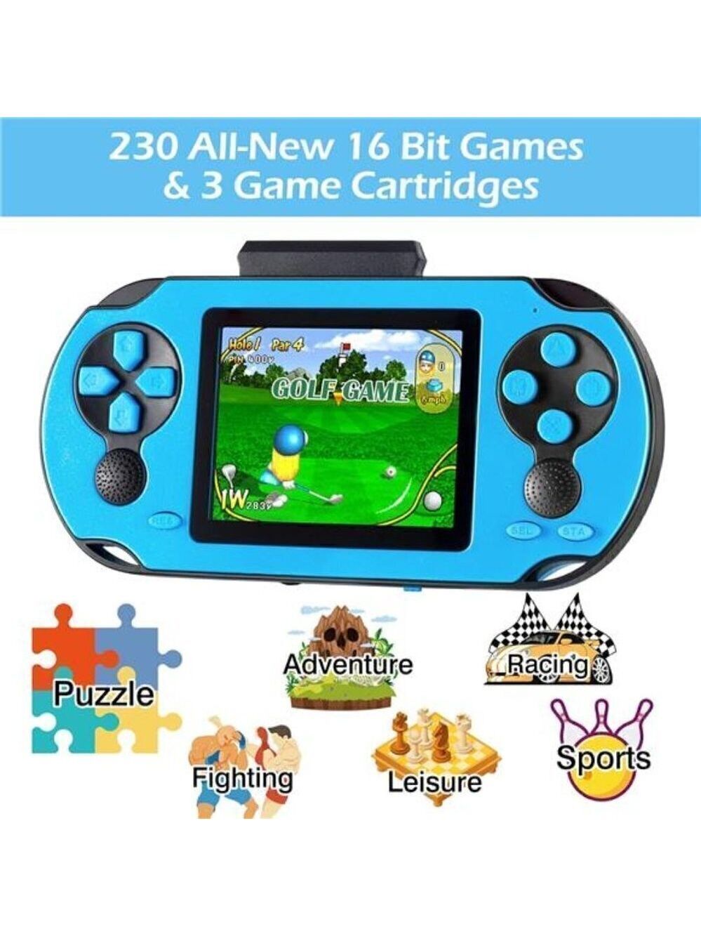 16 Bit Handheld 230 Games Console System Kids Adults, 3.0'' Large Screen HD BLUE
